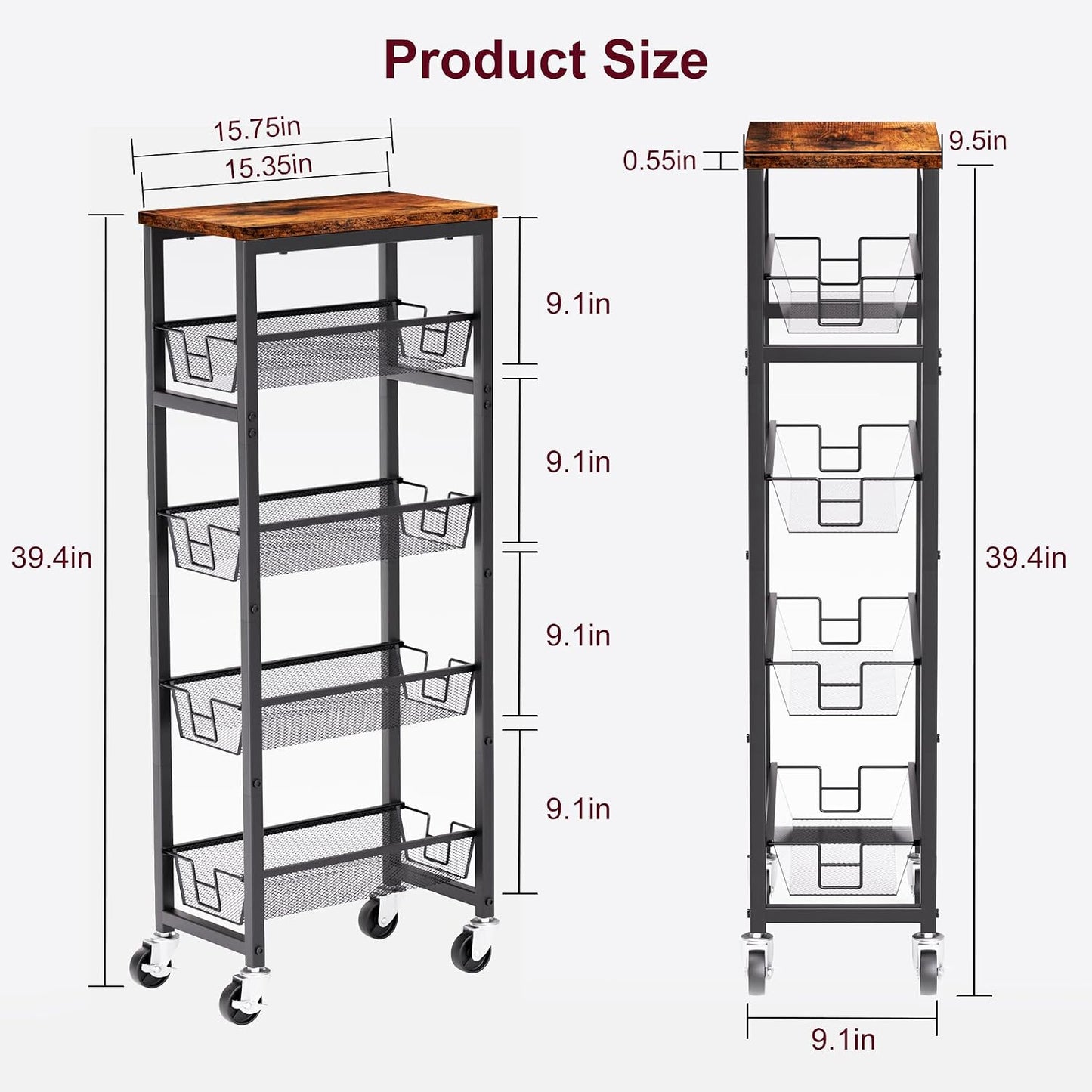 Honest Slim Storage Cart 4-Tier Slim Rolling Cart with Metal Frame and Wooden Top, 6.3 Inches, Storage Cart for Kitchen, Dining Room, Living Room, Bathroom, Home Office, Rustic Brown and Black