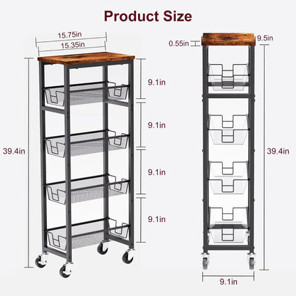 Honest Slim Storage Cart 4-Tier Slim Rolling Cart with Metal Frame and Wooden Top, 6.3 Inches, Storage Cart for Kitchen, Dining Room, Living Room, Bathroom, Home Office, Rustic Brown and Black
