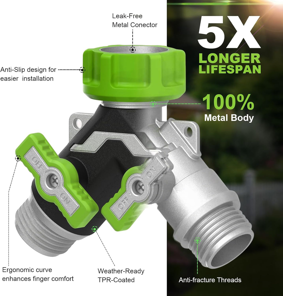 2-Way Heavy Duty Metal Garden Hose Splitter – Y Spigot & Outdoor Faucet Splitter, 100% Metal Body, 0.5LB, Bigger Bore High Flow, Leak-Proof 3/4" GHT,Durable Water Hose Splitter for Garden Tasks