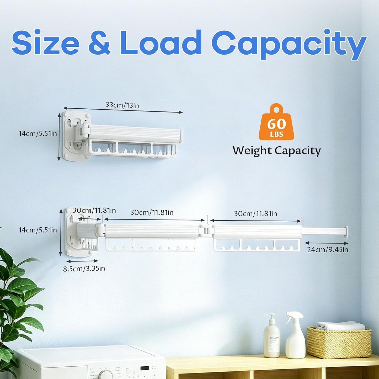 Foldable Wall Mounted Laundry Drying Rack, 3 Fold Retractable Clothes Drying Rack, Durable Clothing Hanger Rack for Laundry Room, Balcony, Bathroom (White)