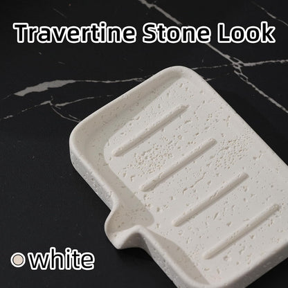 Soap Dish, Bar Soap Holder, Travertine Stone Look, Off White | Self Draining,Sponge Holders Tray for Shower,for Dispenser,Scrubber,Bottle,Cup on Bathroom Kitchen Bathtub Sink or Counter