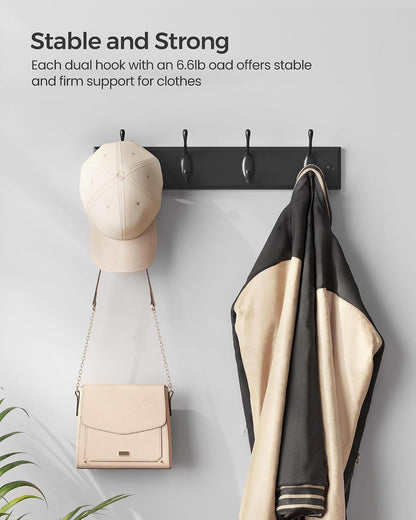 SONGMICS Wall-Mounted Coat Rack, Hook Rack, 4 Dual Metal Hooks, White | For Coats, Bags, Keys, in the Entryway, Bedroom, Living Room ULHR23WT
