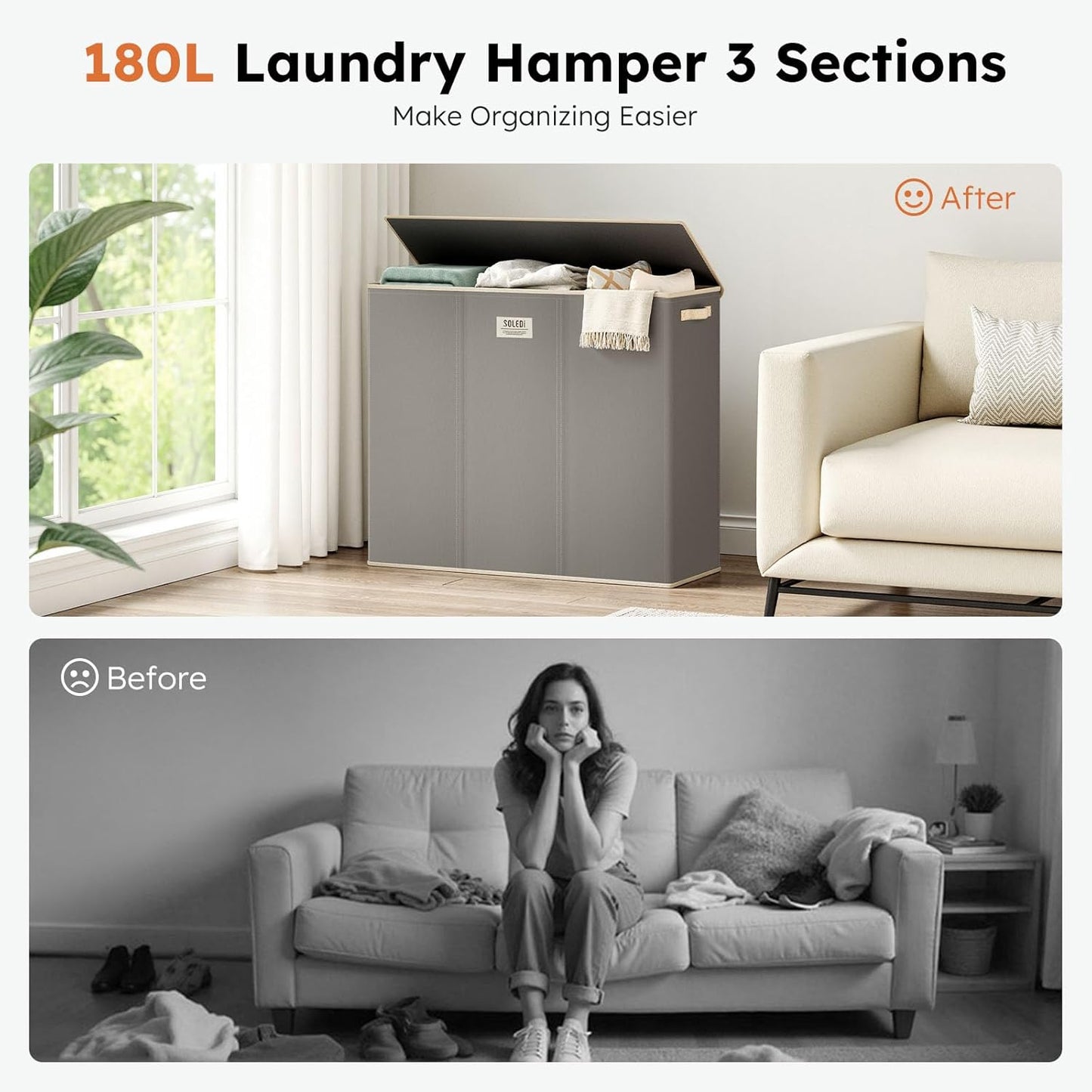 SOLEDI 180L Laundry Hamper 3 Section, Extra Large Laundry Hamper with Lid, Dirty Clothes Hamper with Sturdy Handle, Large Laundry Basket Organizer for Laundry Room, Bedroom, Hampers for Laundry