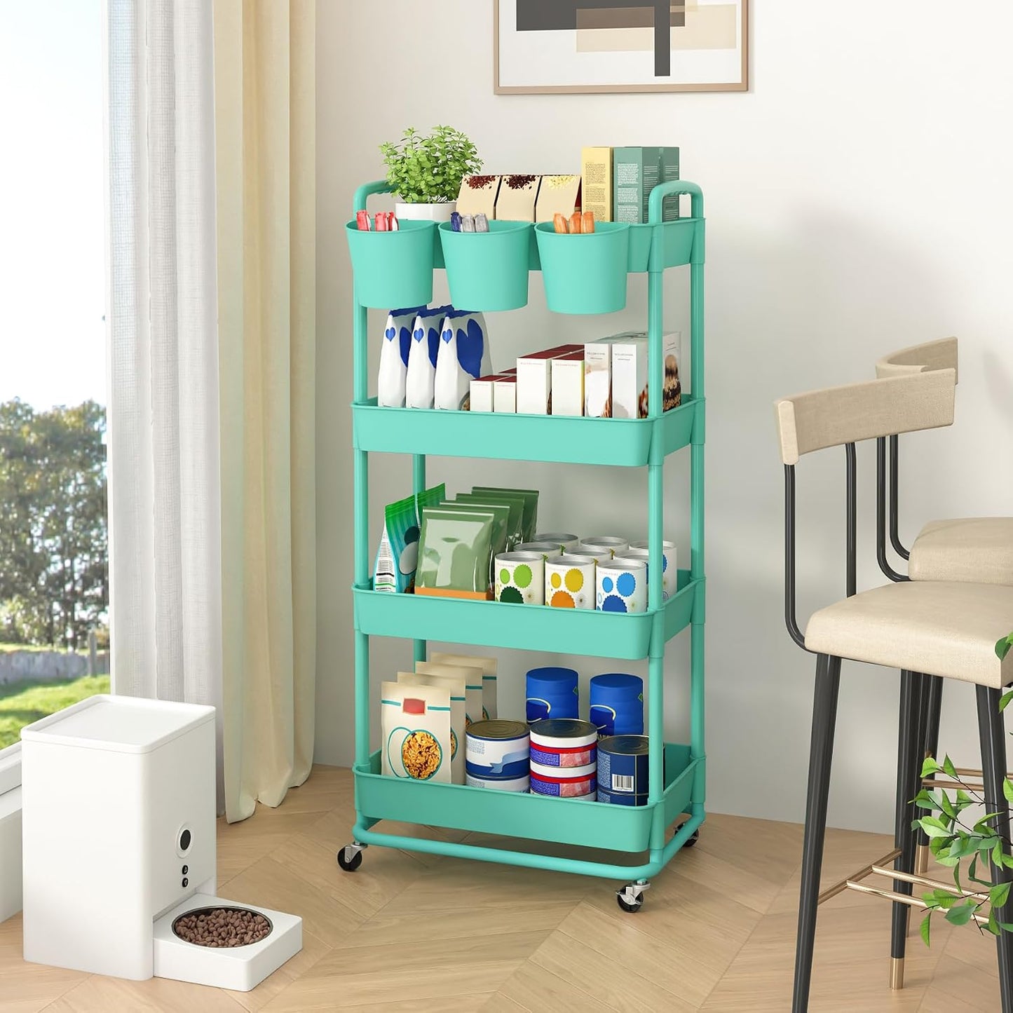 JIUYOTREE 4-Tier Plastic Rolling Storage Cart Utility Cart with Extra Hanging Cups Handles Lockable Wheels for Living Room Bathroom Kitchen Office White