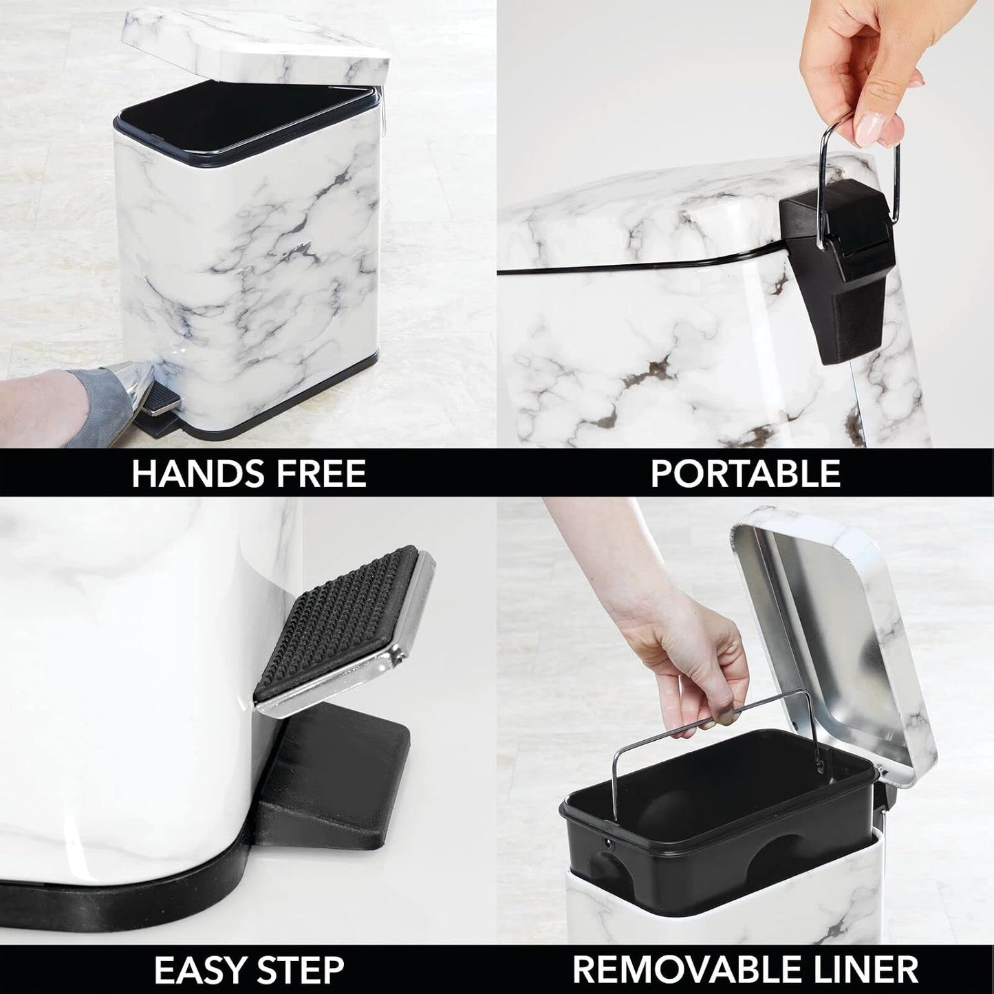 mDesign Metal Freestanding Slim Toilet Bowl Brush and Holder + Rectangle Narrow 5 Liter / 1.3 Gallon Step Pedal Trash Can Wastebasket for Bathroom - Small, Compact Design - Set of 2 - Brushed/Chrome
