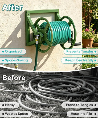 Artigarden Garden Hose Reel Wall Mounted, Outdoor Heavy Duty Powder Coated Metal Water Hoses Holder Winder Holds 125 ft 5/8" Hoses with 3.9ft Leader Hose, Stainless Steel Connector for Outside, Black