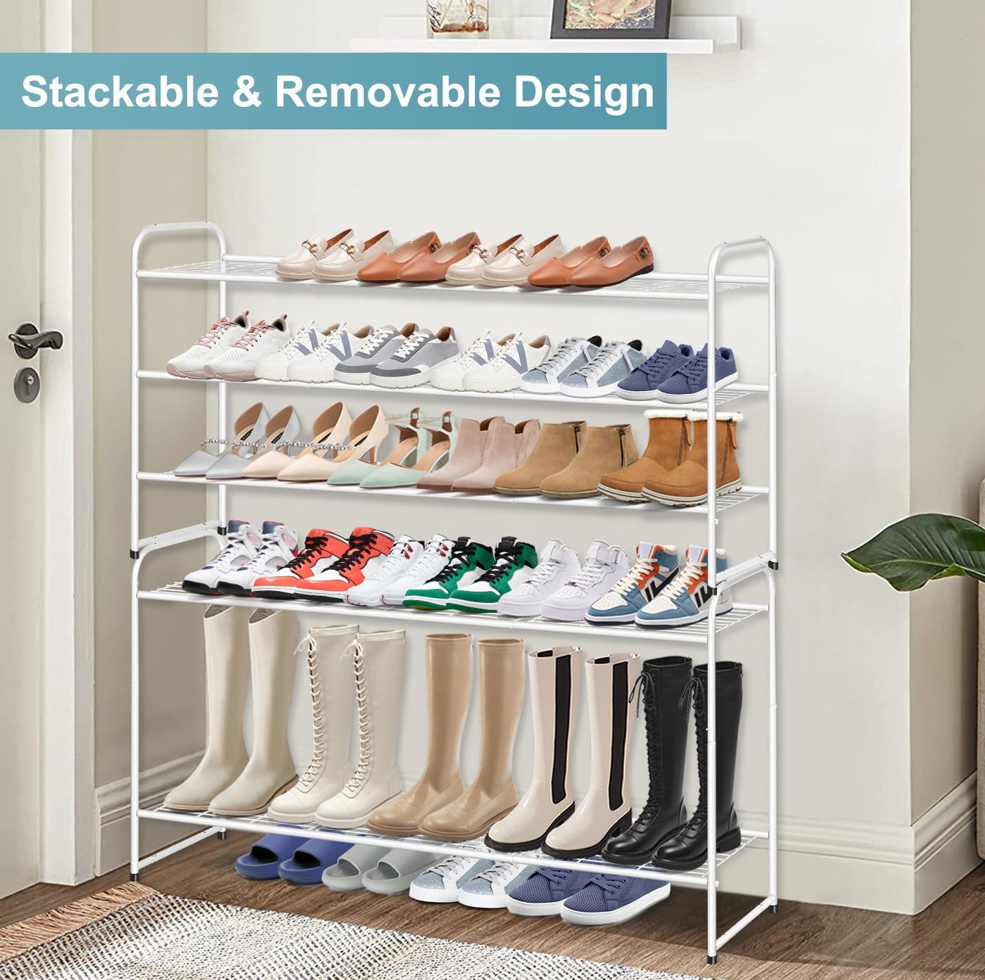 AOODA Long 3 Tier Metal Shoe Rack for Closet Wide Stackable Shoe Storage Organizer for Entryway, Bedroom, Floor, 24-Pairs Men Sneakers Shoe Shelf with Wire Grid, Black