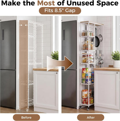 Slim Rolling Storage Cart, 8.3 Inch Narrow Storage Cart with Wheels, Pegboard & 5 Tier Shelves, Mobile Slim Storage Rack Next to Fridge for Kitchen, Laundry, White