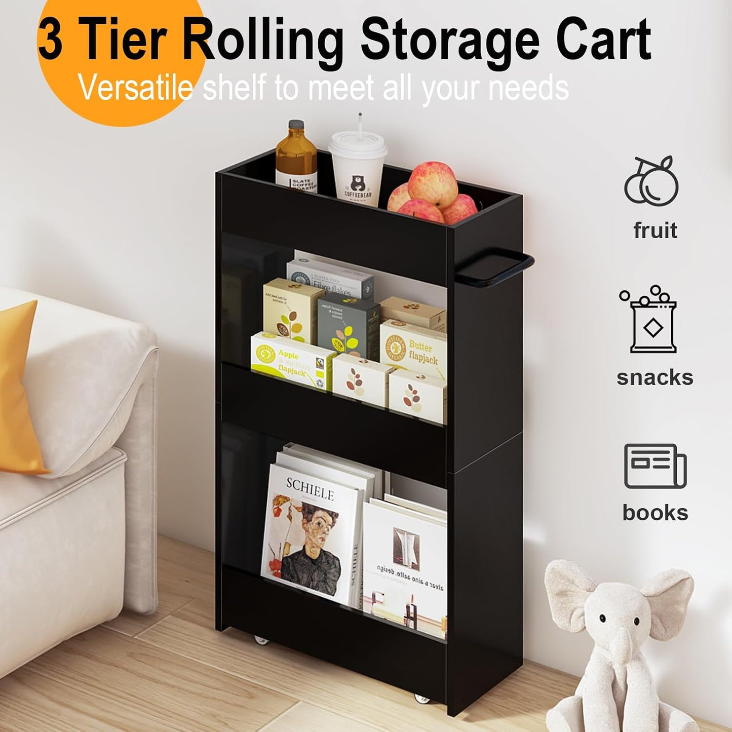 MARTY Wood Rolling Storage Cart 7.9" W, 3 Tier White Slim Utility Kitchen Cart on Wheels Laundry Room Bathroom Organizers Narrow Shelves with Handle Mobile Shelving Unit for Small Places