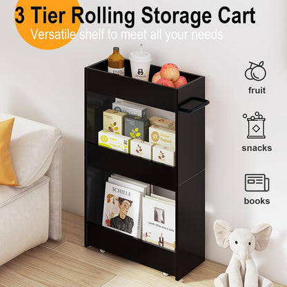 MARTY Wood Rolling Storage Cart 7.9" W, 3 Tier White Slim Utility Kitchen Cart on Wheels Laundry Room Bathroom Organizers Narrow Shelves with Handle Mobile Shelving Unit for Small Places