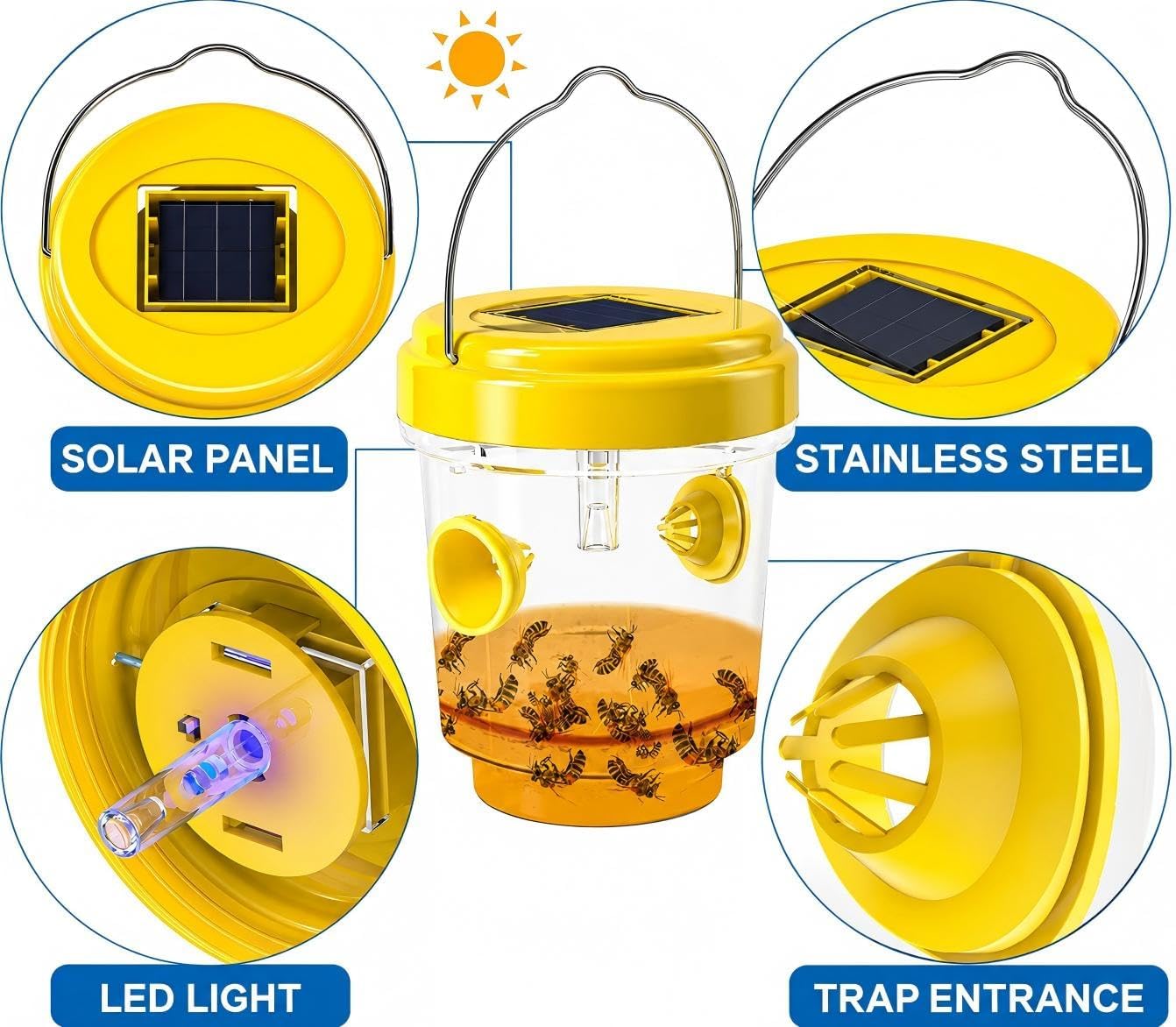 Wasp Traps Outdoor Hanging, Wasp Trap Solar Powered, Bee Traps for Outside, Yellow Jacket Trap Hornet Trap Bee Wasp Catcher for Garden Patio Yard Orchard, 4 Packs