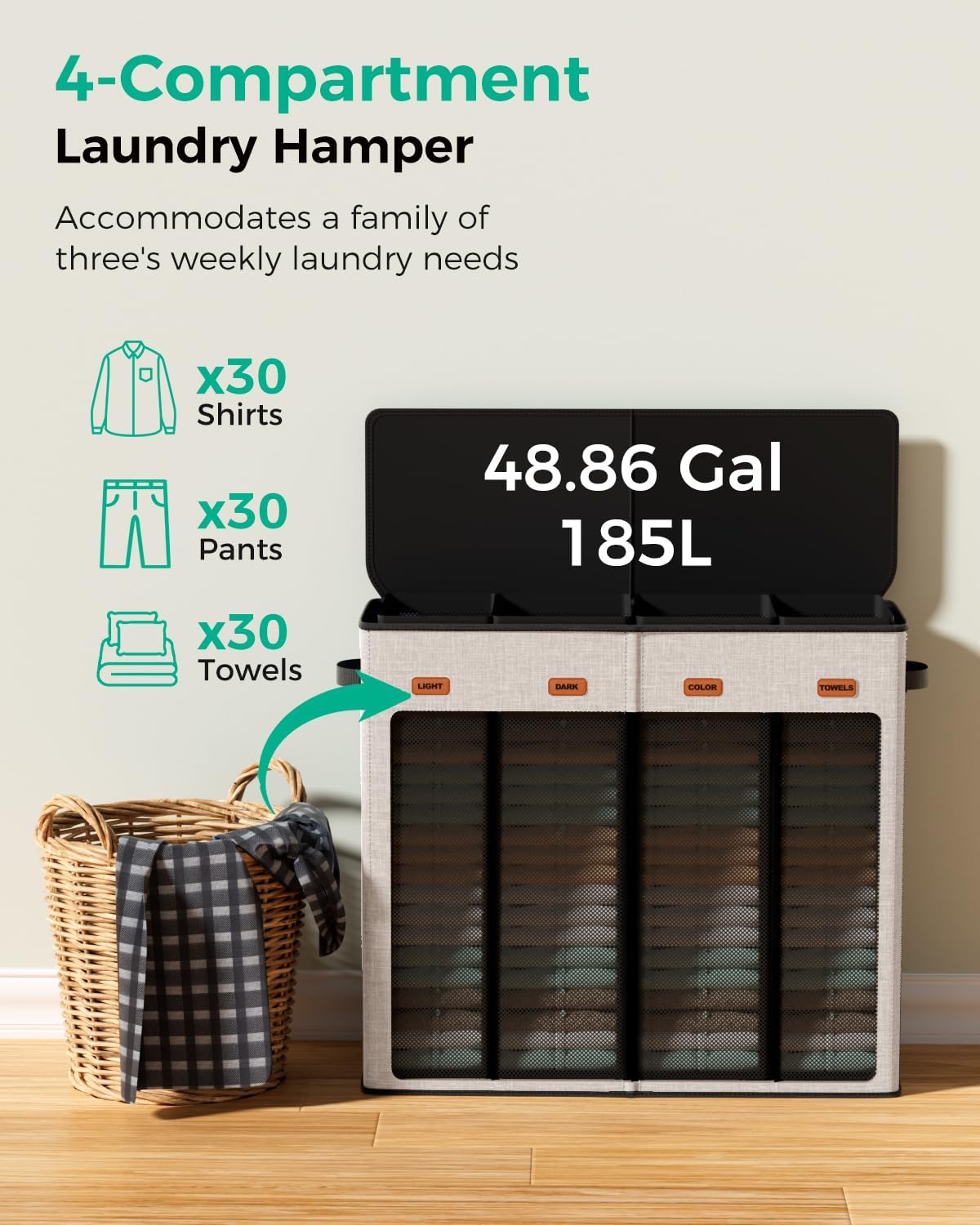 185L Laundry Hamper 3 Section with Lid & Removable Bags | Collapsible laundry basket organizer for laundry room, bedroom & dorm with 3 removable washing bags
