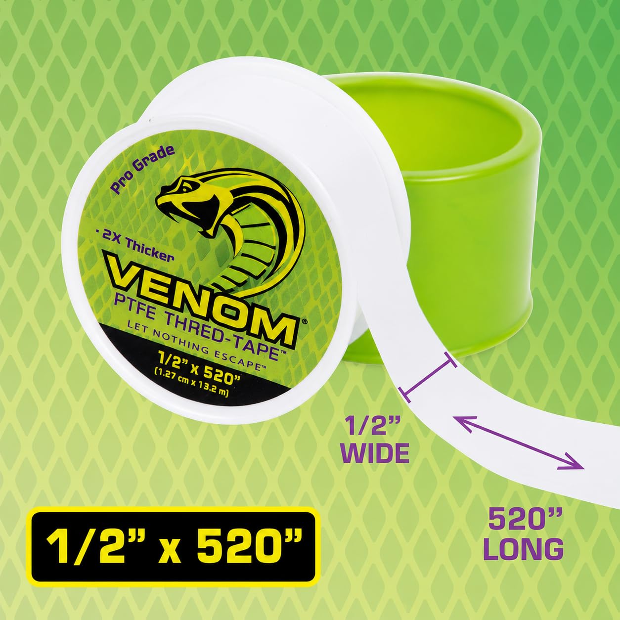Venom Pro-Grade PTFE Thread Tape, 1/2" x 520" Roll – Professional-Grade, 99.9% Pure, 2X Thicker, No Dyes, UL-Approved for Plumbing, Potable Water, Food Grade, and Oxygen Systems