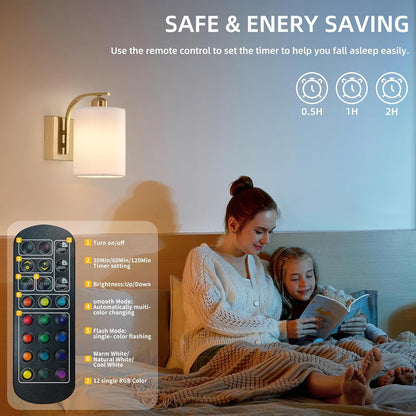 Battery Operated Wall Sconce Set of 2, Gold Rechargeable Wall Lights with Remote Control,15 Colors Wireless Wall Sconce with 3000mAh Dimmable Detachable Bulb for Bedroom, Living Room and Hallway