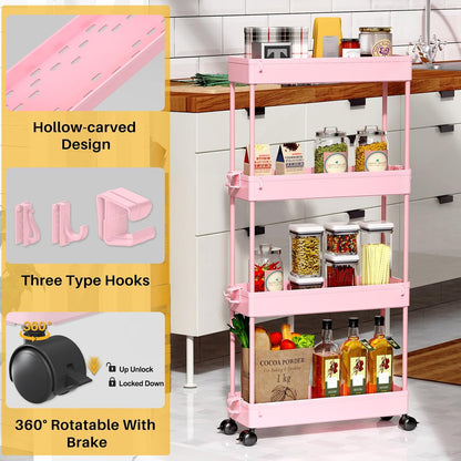 SPACEKEEPER Slim Rolling Storage Cart 4 Tier Bathroom Organizer Cart Mobile Shelving Unit Slide Out Utility Cart for Kitchen, Bthroom, Makeup, Craft, Laundry Narrow Places, Black