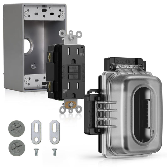 ELEGRP Outdoor GFCI Outlet with in Use Cover and Box Kit, 1 Gang, 15 Amp TRWR Self-Test GFI Receptacle, Extra Duty Metallic Electrical Outlet Box, Lockable in Use Cover, UL Listed, Black, 1 Pack