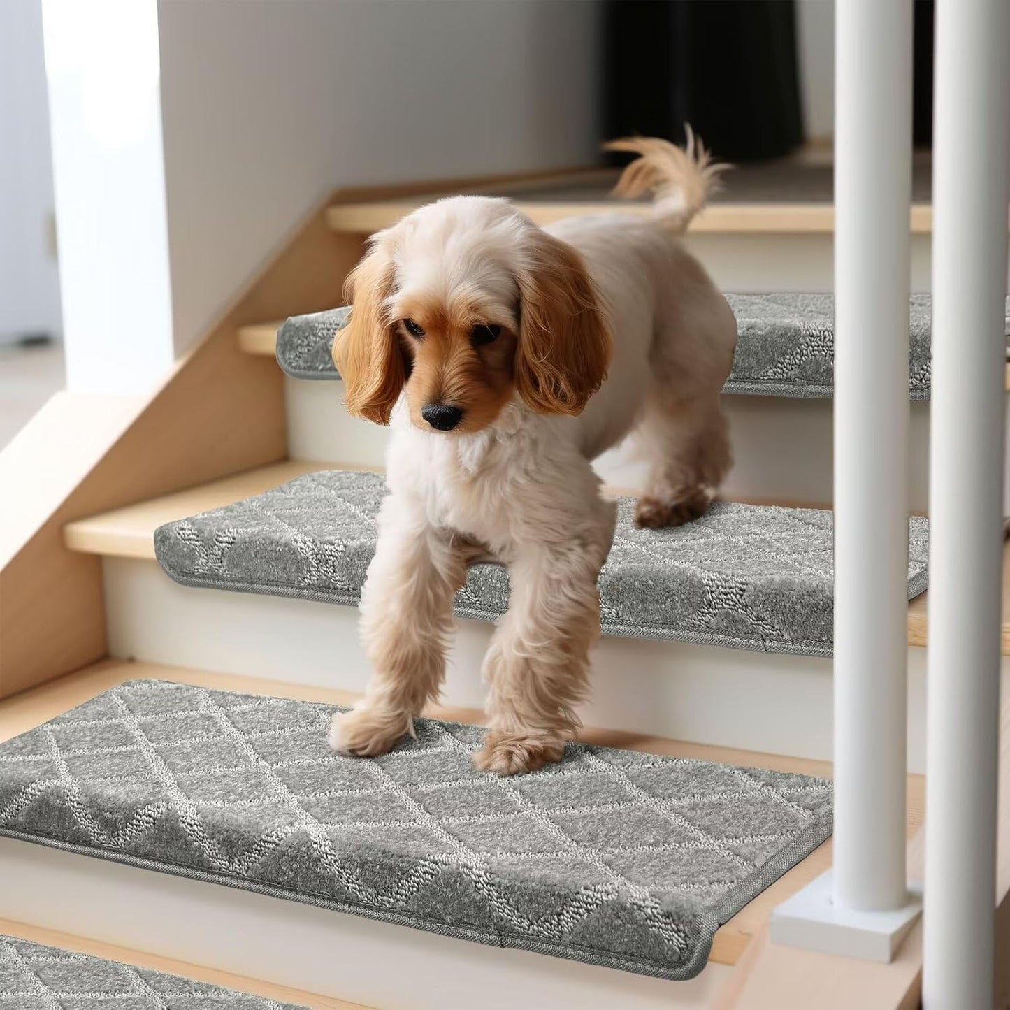 DEXDE Bullnose Stair Treads for Wooden Steps Non-Slip Stair Runner, 14 Pcs | Reusable bullnose carpet Stair Treads Indoor, Peel and Stick Stair Rugs with Edge Protection, Soft Washable, 30"x9.5" Grey