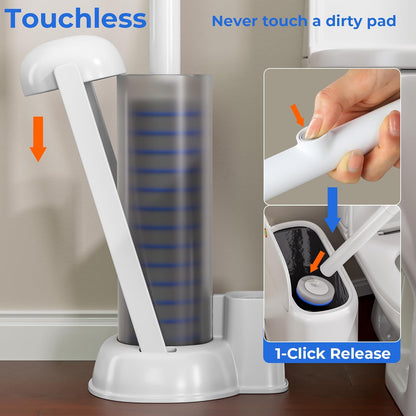 Disposable Toilet Brush and Holder Set - Hands-Free Eject Sponge Toilet Wand with Floor Standing Caddy, Secure-Lock Hangable Toilet Scrubber