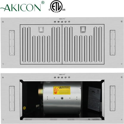 Range Hood Insert/Built-in 36 inch,Ultra Quiet Powerful Vent Hood with LED Lights, 3 Speeds 600 CFM, Stainless Steel - Akicon