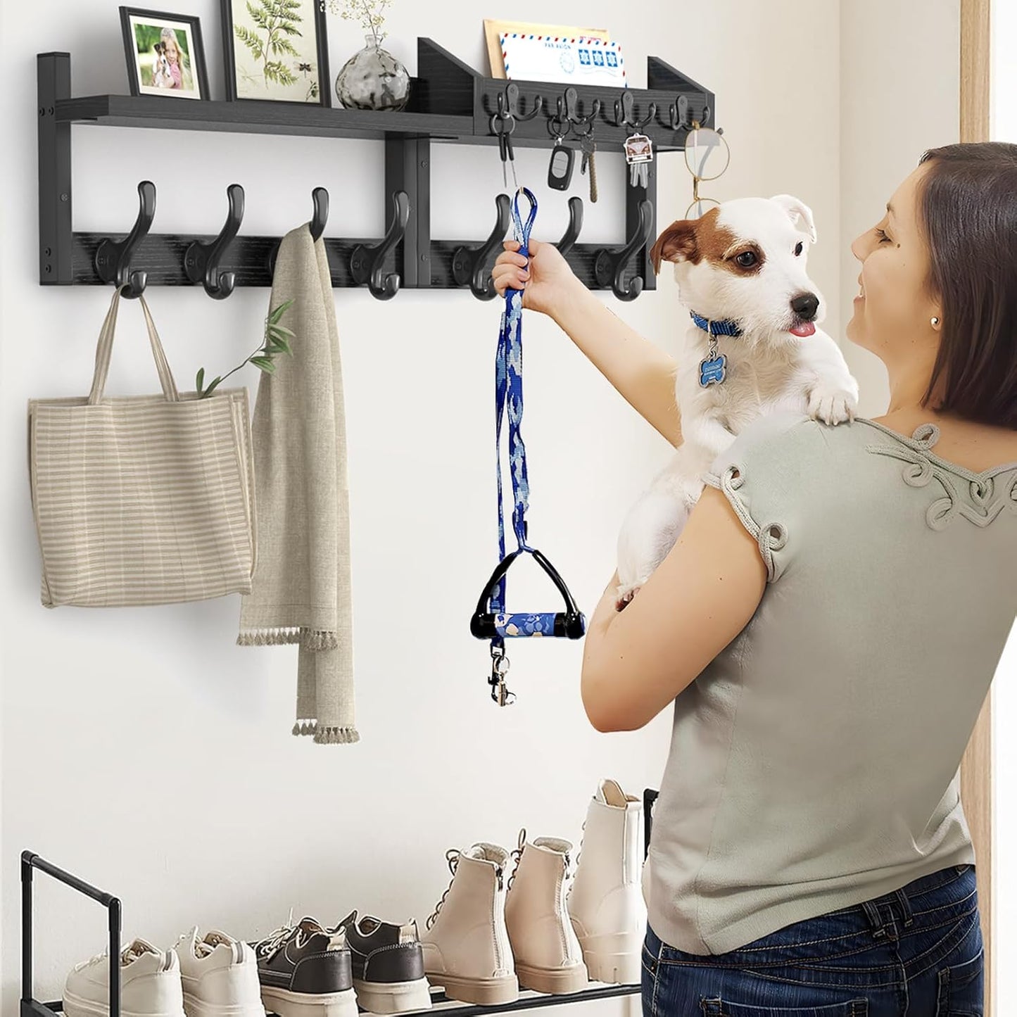Evermagin 29" Coat Rack Wall Mount with Shelf, 4 in 1 Coat and Key Hanger with 11 Metal Hooks, Entryway Wall Mounted Shelf with Mail Holder for Living Room, Bedroom, Rustic Brown