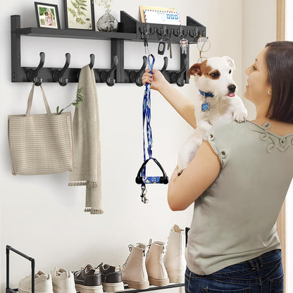 Evermagin 29" Coat Rack Wall Mount with Shelf, 4 in 1 Coat and Key Hanger with 11 Metal Hooks, Entryway Wall Mounted Shelf with Mail Holder for Living Room, Bedroom, Rustic Brown