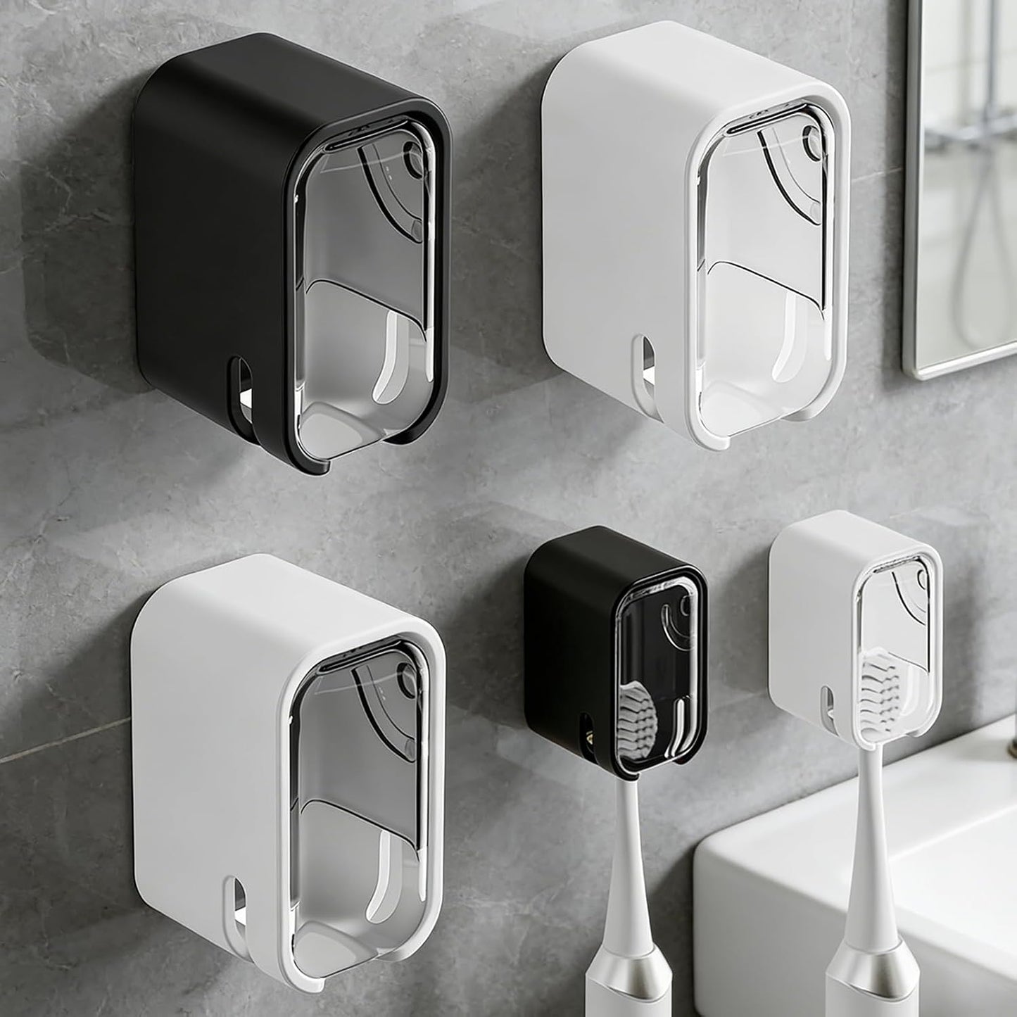 3 Pack Wall Mounted Toothbrush Holder with Lid - Adhesive No-Drill, Clear Acrylic Dust-Proof Cover, Electric Toothbrush Holder Set, Bathroom Organizer for Family Travel