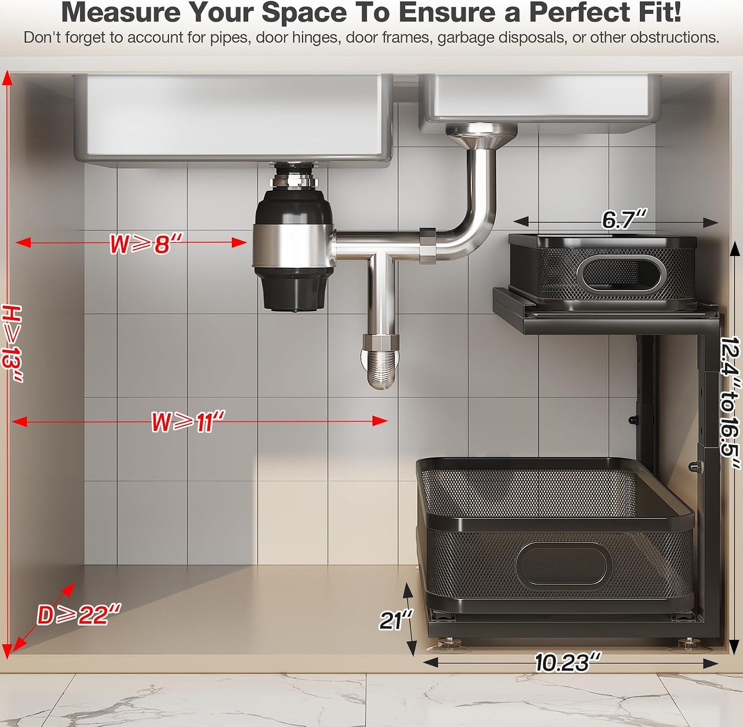 2 Pack 18.5IN-Depth Under Sink Organizer With Next-Gen Ball-Bearing Slides,2-Tier Precision Mesh Pull Out Cabinet Storage for Bathroom&Kitchen,Height Adjustable Drawers Shelf,Anti-rust-White