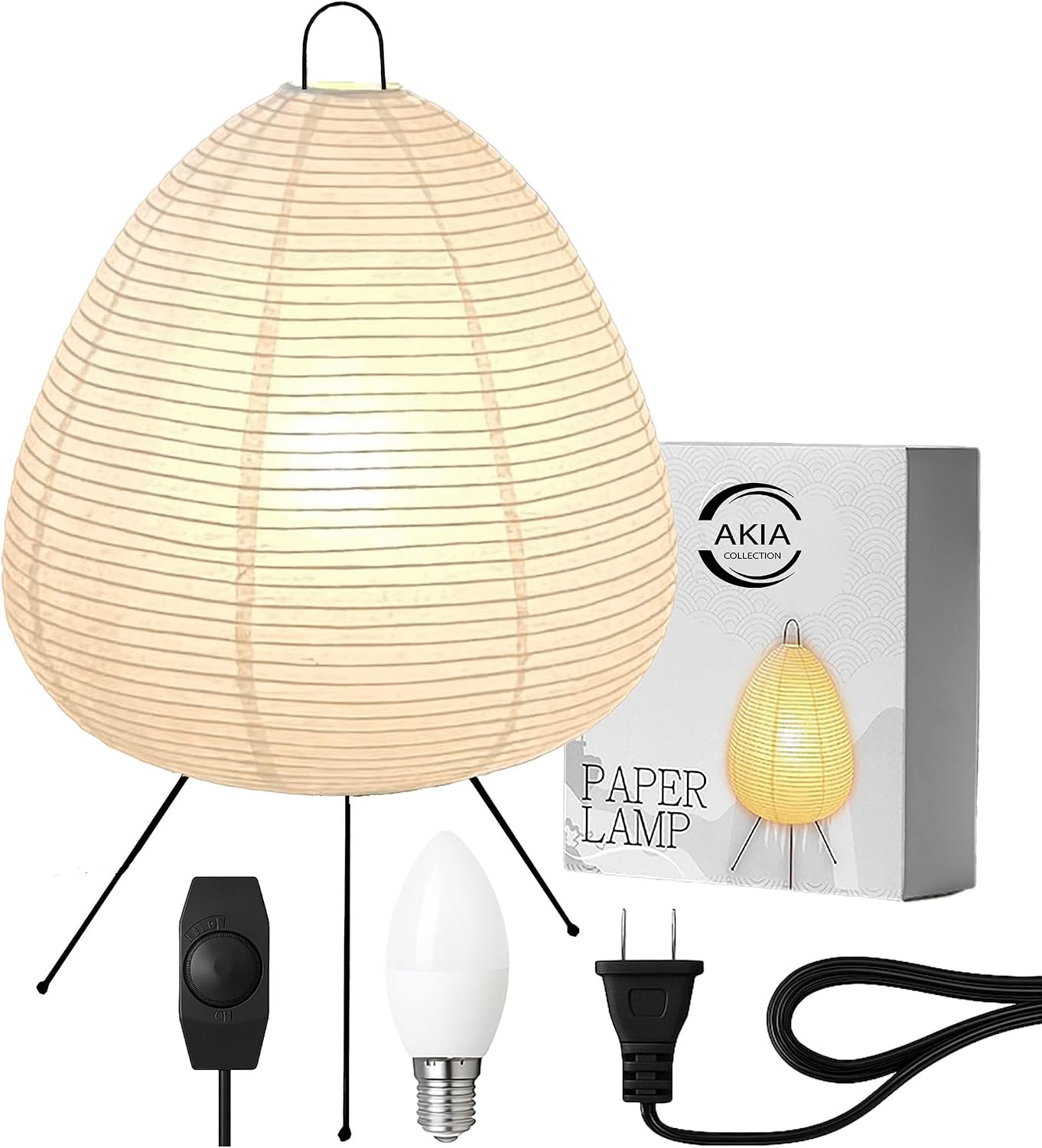 Japanese Paper Lantern Lamp – Rice Paper Noguchi Style Table Lamp with Dimmable Light & Washi Paper Shade (Akari Style) for Bedroom Desk Decor