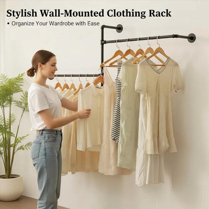 Industrial Pipe Clothing Rack, Wall Clothes Rack, Hanging Rod, Garment Rack | Pipe Clothes Rails, Multi-Purpose, Heavy Duty, Space-Saving, Clothes Bar, Organizer, Closet