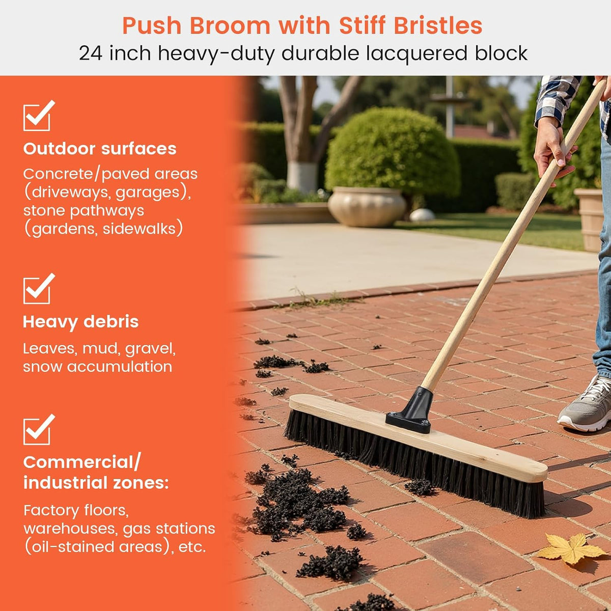 ALANNG 24” Push Brooms for Indoor and Outdoor, Heavy Duty Broom for Sweeping with 61” Wood Handle, Soft Bristle and Stiff Bristle Broom Set for Shop, Garage (2 Pieces)