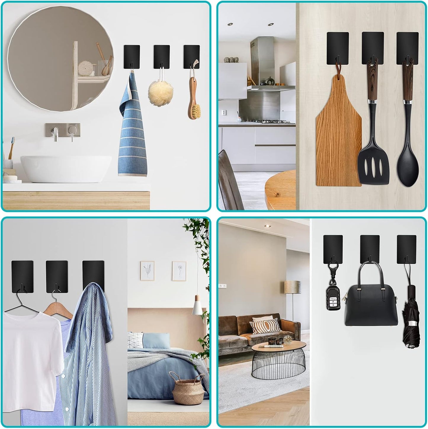 Adhesive Hooks Heavy Duty, Long Stainless Steel Self Adhesive Wall Hook, Sticky Towel Hangers for Kitchen Bathroom, Waterproof Stick on Door Hooks for Hanging Key Hat Coat 4Pack(Black)