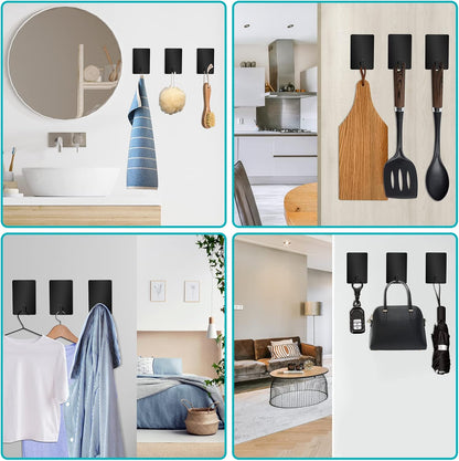 Adhesive Hooks Heavy Duty, Long Stainless Steel Self Adhesive Wall Hook, Sticky Towel Hangers for Kitchen Bathroom, Waterproof Stick on Door Hooks for Hanging Key Hat Coat 4Pack(Black)