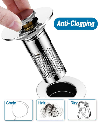 Bathroom Sink Drain Strainer,Pop-up Sink Drain Strainer for U.S. Standard Universal,Hair Catcher Sink Stopper with Removable Stainless Steel Filter Basket