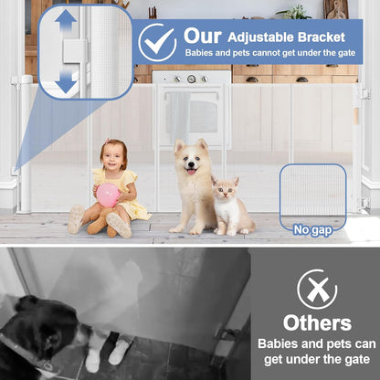 Reinforced Retractable Baby Gates with Support Beam 60" Wide Retractable Dog Gate Indoor Prevent Children and Dogs from Crawling Under Outdoor Dog Gate for Deck Mesh Gates for Kids or Pets, Black