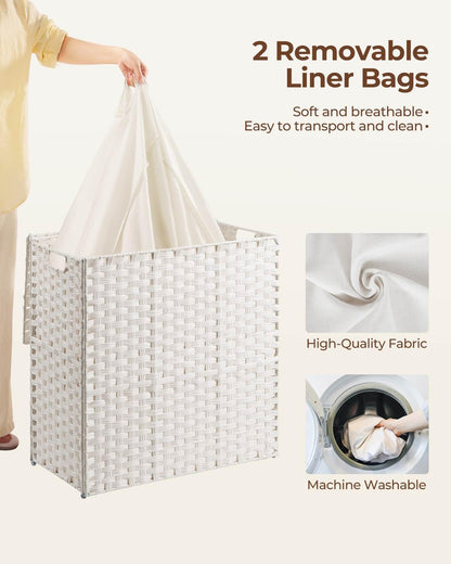 Greenstell Laundry Hamper with 2 Removable Liner Bags, Foldable Divided Clothes Hamper, 90L Handwoven Rattan Laundry Basket with Lid and Handles, No Assembly Needed, 18.3x13.3x24 Inches, Black