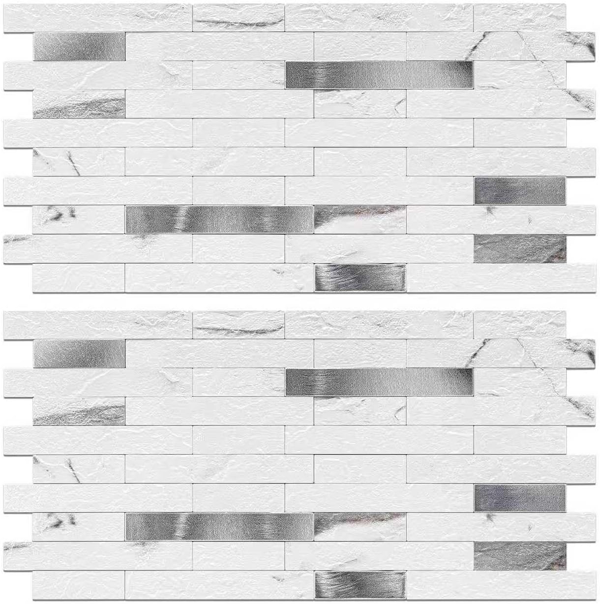 Peel and Stick Backsplash Tile Waterproof Removable PVC Wall Sticker 3D Faux Stone Marble Brick White Accent Panels (White Marble - Metal Silver, 20 Tiles - 9 sq. ft. (0.84 M²))