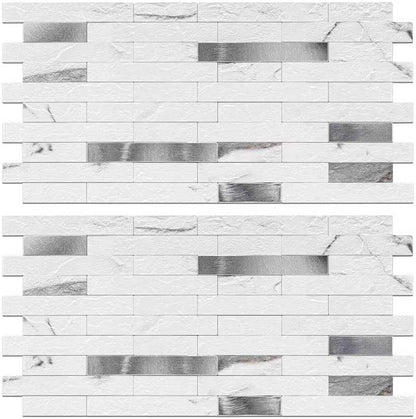 Peel and Stick Backsplash Tile Waterproof Removable PVC Wall Sticker 3D Faux Stone Marble Brick White Accent Panels (White Marble - Metal Silver, 20 Tiles - 9 sq. ft. (0.84 M²))