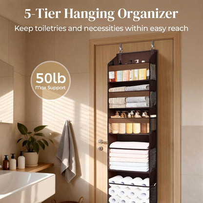 5 Tiers Over the Door Organizer with 10 Mesh Side Pockets, 44 lbs Weight Capacity Closet Hanging Storage Organizer with Large Clear Window Kids Toys, Shoes, Diapers, Beige