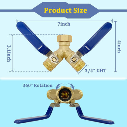 Garden Hose Splitter 2 Way Heavy Duty Brass with 304 Stainless Steel Elevated Handle Full Flow Water Hose Connector, Y Valve 3/4 Inch GHT Thread