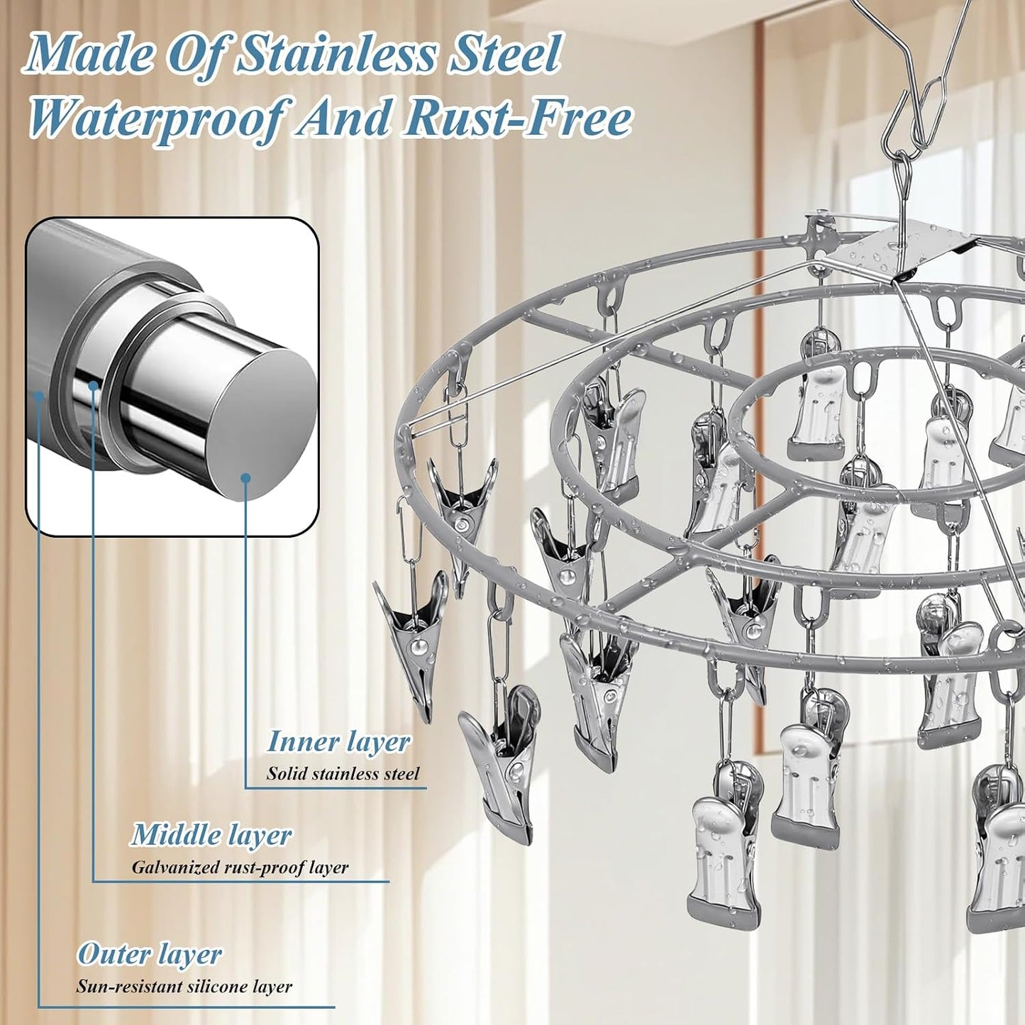 3 Pack Stainless Steel Foldable Round Hanging Drying Rack with 24 Clips, Swivel Hook Wind-Proof Clothes Hanger, Clothes Drying Rack for Laundry, Sock, Bras, Underwear, Laundry Accessories