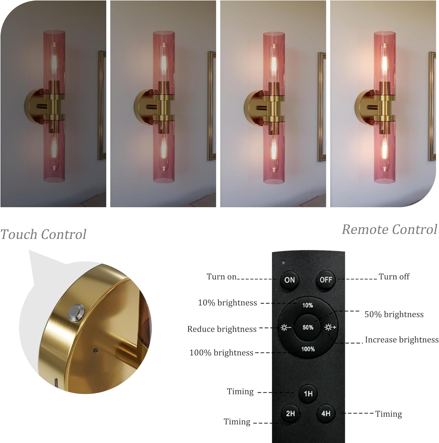 Battery Operated Wall Sconce Set of 2, 10000mAh Rechargeable Wireless Wall Lights Remote Control, Cordless Timer Dimmable Glass Wall Lamps for Living Room Bedside Entryway Emergency Gold 16.5 Inch