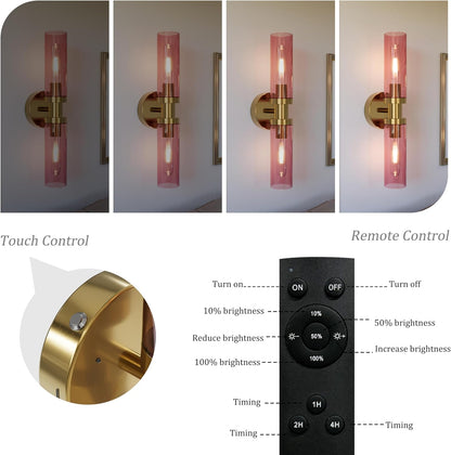 Battery Operated Wall Sconce Set of 2, 10000mAh Rechargeable Wireless Wall Lights Remote Control, Cordless Timer Dimmable Glass Wall Lamps for Living Room Bedside Entryway Emergency Gold 16.5 Inch