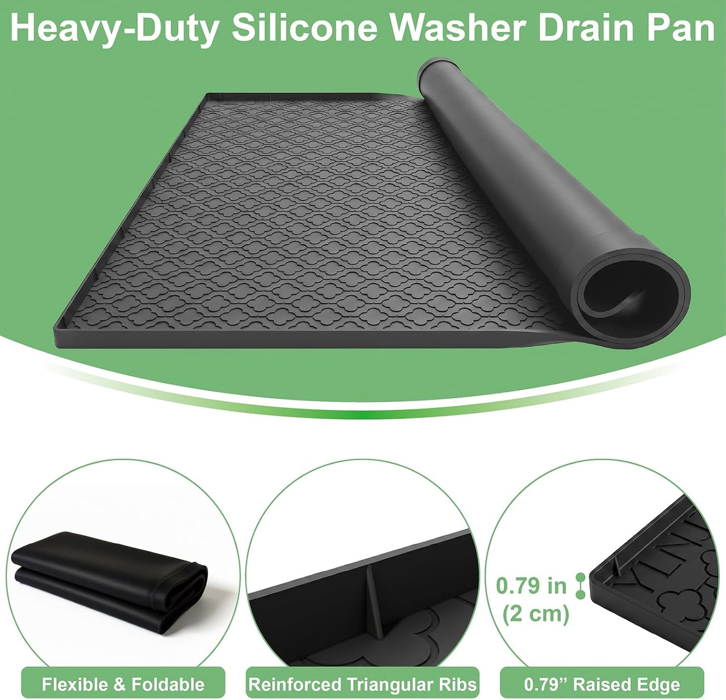 33 x 31 Inch Washing Machine Drain Pan, Silicone Washer Pan, Black | 2cm Raised Waterproof Edge, Washer and Dryer Mat for Floor Protection, Fits Standard & Large Washers Up to 5.0 Cu.Ft.