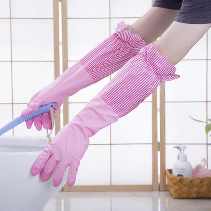 RARITYUS Household Kitchen Cleaning Gloves Waterproof Cotton Lined Dishwashing Non-Slip Long Cuff Gloves