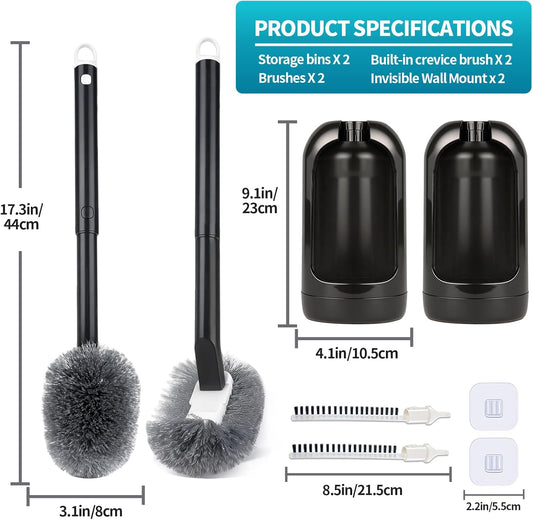 Toilet Brush and Holder Set, Curved Angled Toilet Bowl Cleaner Brush with Under Rim Cleaning, Wall-Mounted Toilet Scrubber & Bathroom Deep Cleaning Supplies Kit（Crevice Brush Included） Black(2-Pack)