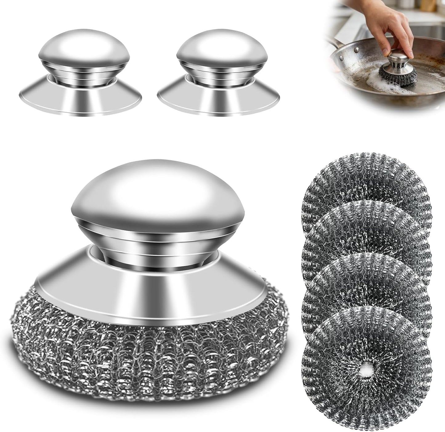 2 Pack Stainless Steel Scrubber with Handle, Includes 2 Replacement Steel Wool Pads, Heavy-Duty Scouring Brush for Pots, Pans, Stovetops and Kitchen Cleaning