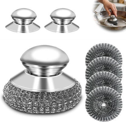 2 Pack Stainless Steel Scrubber with Handle, Includes 2 Replacement Steel Wool Pads, Heavy-Duty Scouring Brush for Pots, Pans, Stovetops and Kitchen Cleaning