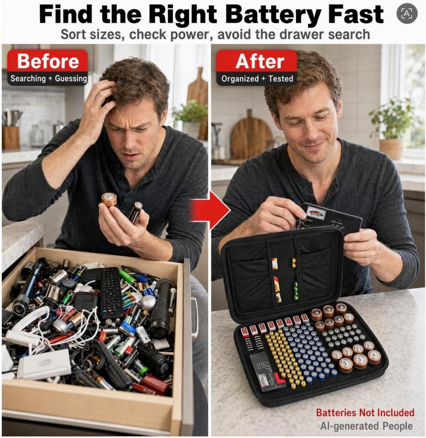 Comecase Battery Storage Case with Tester, Holds 148+ AA AAA C D 9V, Black | Hard-Shell Design, Carry Handle and Custom Foam Slots Keep Batteries Visible, Separated and Ready for Home, Garage or Office
