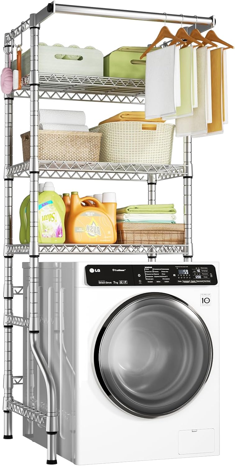 Ulif U11 Over Washer and Dryer Shelves, 3 Tiers Laundry Room Storage and Organizer Standing Shelf, Metal Freestanding Clothes Drying Rack, 33.9" W x 19.7" D x 77.6" H, Black