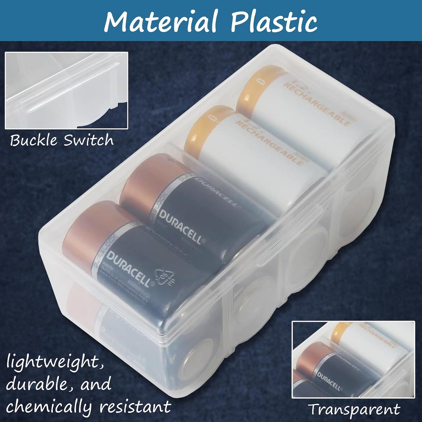 Home-X D Battery Storage Case - Clear, See-Through, Water Resistant D Battery Holder - Easy Access D Cell Battery Holder with Handle - Battery Organizer Storage Case Fits Up to 8 D Batteries